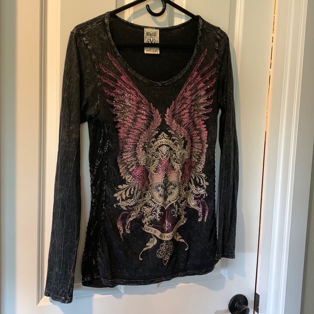 Whimsigoth Local Black Long Sleeve Shirt Angel Wings Womens Size M